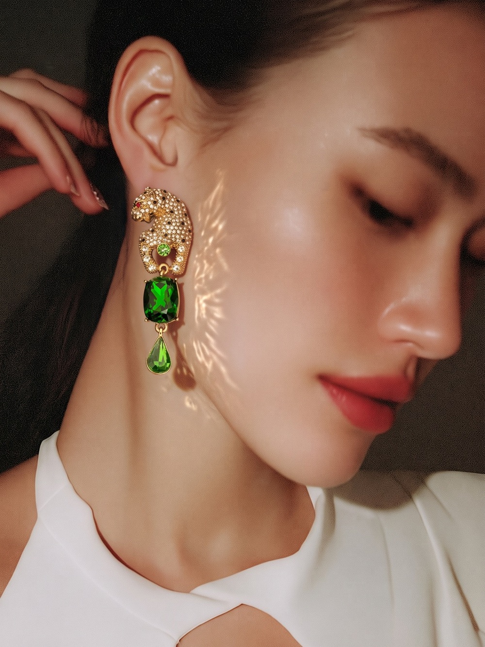 Gold-Tone Drop Earrings with Vibrant Green crystal